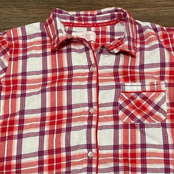 Victoria’s Secret Plaid Button Down Pajama Shirt Red Purple White Size Small - Picture 4 of 14